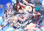  1girl animal_ears ayanami_(azur_lane) azur_lane bare_shoulders crown eyebrows_visible_through_hair fake_animal_ears gloves green_eyes hair_between_eyes high_ponytail holding holding_sword holding_weapon horns javelin_(azur_lane) katana laffey_(azur_lane) long_hair looking_at_viewer multiple_girls open_mouth orange_eyes ponytail purple_hair shimakaze_(azur_lane) shirt silver_hair sleeveless sleeveless_shirt suruga_(azur_lane) sword twintails violet_eyes weapon white_camisole white_legwear 