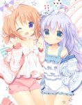  2girls ;d aono_ribbon bangs bare_shoulders blue_eyes blue_hair blush camisole card club_(shape) collarbone commentary_request diamond_(shape) dress eyebrows_visible_through_hair gochuumon_wa_usagi_desu_ka? hair_between_eyes hair_ribbon hand_holding hands_up hoto_cocoa jacket kafuu_chino light_brown_hair long_hair long_sleeves multiple_girls off_shoulder one_eye_closed one_side_up open_clothes open_jacket open_mouth pennant pink_legwear pink_shorts playing_card ribbon short_shorts shorts sleeveless sleeveless_dress sleeves_past_wrists smile socks star string_of_flags striped striped_legwear very_long_hair violet_eyes w white_camisole white_dress white_jacket white_ribbon 