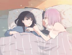  2girls arm_support bangs black_hair blanket blue_eyes commentary eyebrows_visible_through_hair highres lavender_hair long_hair long_sleeves lying lyy morning multiple_girls on_back pillow polka_dot_pillow reaching red_eyes shinjou_akane shirt short_hair sleepy ssss.gridman t-shirt takarada_rikka under_covers upper_body waking_up 