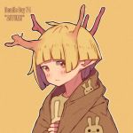  1girl autumn bangs blonde_hair blunt_bangs blush branch english_text hanaan horns looking_at_viewer no_nose orange_eyes original outline short_hair simple_background solo white_outline yellow_background 