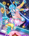  1girl aqua_eyes ass bangs blue_gloves blue_hair blurry blurry_foreground closed_mouth commentary_request depth_of_field doughnut dress eyebrows_visible_through_hair fingerless_gloves fingernails food food_in_mouth fuwa_(precure) gloves hagoromo_lala hair_between_eyes hair_ornament highres jacket looking_at_viewer loose_socks mouth_hold open_clothes open_jacket outstretched_arm pointy_ears precure prunce_(precure) puffy_short_sleeves puffy_sleeves shoes short_sleeves sky space star star-shaped_pupils star_(sky) star_twinkle_precure starry_sky swordsouls symbol-shaped_pupils white_dress white_footwear yellow_jacket yellow_legwear zero_gravity 