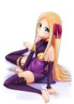  1girl abigail_williams_(fate/grand_order) alternate_costume bangs bare_shoulders barefoot blonde_hair blue_eyes blush breasts chobbi commentary_request cosplay detached_sleeves dot_nose dress fate/grand_order fate_(series) from_side hair_ornament highres jewelry kama_(fate/grand_order) kama_(fate/grand_order)_(cosplay) long_hair long_sleeves looking_at_viewer parted_bangs pink_ribbon purple_dress purple_legwear ribbon ring simple_background sitting small_breasts solo thigh-highs white_background 