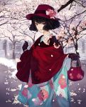  1girl bag bangs black_hair blue_kimono bow brown_gloves building capelet cherry_blossoms commentary_request floral_print flower gloves handbag hat hat_bow hat_flower highres holding holding_bag japanese_clothes kimono long_sleeves looking_at_viewer original parted_lips pink_flower print_kimono red_capelet red_flower red_headwear short_hair solo tree violet_eyes white_bow white_flower wide_sleeves window yasukura_(shibu11) 