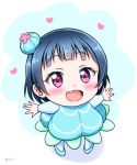  1girl :d absurdres bangs blue_dress blue_footwear blue_hair blush bun_cover child ckst commentary_request dress heart highres jellyfish_costume long_sleeves looking_up love_live! love_live!_school_idol_festival love_live!_sunshine!! open_mouth outstretched_arms shoes short_hair skin_fang smile solo spread_arms standing tsushima_yoshiko twitter_username violet_eyes younger 