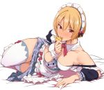  1girl apron armpit_peek armpits blonde_hair blush breasts cleavage collarbone detached_collar eyebrows_visible_through_hair full_body hair_between_eyes heart idolmaster idolmaster_shiny_colors looking_at_viewer lying maid maid_headdress medium_breasts on_bed on_side pink_eyes pink_ribbon puffy_short_sleeves puffy_sleeves ribbon saijou_juri short_hair short_sleeves solo thigh-highs tokiwa_midori_(kyokutou_funamushi) waist_apron wrist_cuffs 