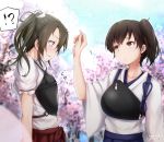  !? 2girls baileys_(tranquillity650) bangs blurry blurry_background blush breasts brown_eyes brown_hair cherry_blossoms collarbone day expressionless eyebrows_visible_through_hair green_eyes green_hair hair_between_eyes hair_ribbon hand_up highres japanese_clothes kaga_(kantai_collection) kantai_collection large_breasts long_hair looking_down multiple_girls muneate open_mouth outdoors parted_lips ribbon side_ponytail signature smile spoken_interrobang tasuki twintails zuikaku_(kantai_collection) 