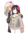  2girls beige_mittens black_coat black_eyes black_hair blonde_hair bob_cut brown_coat closed_eyes coat cowboy_shot daitou_(kantai_collection) dress flower fur-trimmed_coat fur_trim hair_flower hair_ornament high_ponytail kantai_collection long_hair looking_at_viewer mittens multiple_girls pink_mittens porusasu ro-500_(kantai_collection) short_hair sidelocks simple_background white_background white_dress 