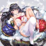  1girl alcohol angel angel_wings bad_feet bangs barefoot black_hair bottle bra breasts cleavage cup cushion drinking_glass earrings erect_nipples eyebrows_visible_through_hair garter_straps gloves grey_eyes hair_between_eyes jewelry large_breasts legs lingerie long_hair lying navel necklace ogino_atsuki on_back original panties single_thighhigh spill stomach thigh-highs thighhighs_removed underwear white_bra white_gloves white_legwear white_panties wine wine_bottle wine_glass wings 