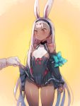  1girl animal_ears ass_visible_through_thighs azur_lane bangs bare_shoulders blush bow_(bhp) breasts brown_eyes cowboy_shot dark_skin eyebrows_visible_through_hair hairband lifted_by_another long_hair long_sleeves looking_at_viewer rabbit_ears shimakaze_(azur_lane) simple_background skirt skirt_lift small_breasts solo_focus standing thick_eyebrows white_hair 