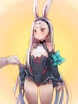  1girl animal_ears ass_visible_through_thighs azur_lane bangs bare_shoulders blush bow_(bhp) breasts brown_eyes commentary_request cowboy_shot eyebrows_visible_through_hair hairband long_hair long_sleeves looking_at_viewer rabbit_ears shimakaze_(azur_lane) simple_background skirt skirt_lift small_breasts solo standing thick_eyebrows white_hair yellow_background 