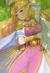  1girl arm_across_waist arm_up bead_necklace beads belt blonde_hair blue_eyes bracelet bracer dress grass highres ippers jewelry long_hair looking_at_viewer lying necklace nintendo on_back pink_dress pointy_ears princess_zelda shade shoulder_armor solo super_smash_bros. the_legend_of_zelda tiara triforce 