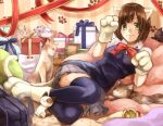  1girl :3 animal_ears bag blue_legwear blue_sweater bow bowtie box brown_hair cat cat_ears cat_tail collared_shirt gift gift_box gloves green_eyes grey_skirt idolmaster idolmaster_cinderella_girls idolmaster_cinderella_girls_starlight_stage indoors kuune_(muttey-myg) looking_at_viewer lying maekawa_miku miniskirt on_side paper_bag paw_gloves paws pleated_skirt red_bow red_neckwear school_bag school_uniform shirt short_hair short_sleeves skirt solo striped striped_background striped_skirt sweater sweater_vest tail thigh-highs white_gloves white_shirt wing_collar zettai_ryouiki 