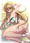  1girl armpits bangs bare_shoulders blonde_hair breasts brown_eyes cleavage closed_mouth commentary_request covered_navel fujitsubo_(hujitubo0731) gem headpiece highleg highleg_leotard highres mythra_(xenoblade) jewelry large_breasts leotard long_hair nintendo one_eye_closed solo swept_bangs thigh_strap tiara xenoblade_(series) xenoblade_2 yellow_background yellow_eyes 