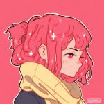 1girl artist_name bangs hanaan long_hair original outline pink_background pink_eyes pink_hair portrait profile scarf solo sparkle white_outline 