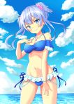  1girl alternate_hairstyle beach bikini blue_eyes blue_hair blush breasts cleavage closed_mouth clouds cloudy_sky collarbone earrings frilled_bikini frills highres jewelry looking_at_viewer magia_record:_mahou_shoujo_madoka_magica_gaiden mahou_shoujo_madoka_magica medium_breasts minami_rena navel ocean ring seashell_necklace short_hair_with_long_locks sky smile solo standing swimsuit 