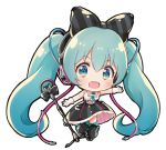  1girl :d bangs bare_shoulders black_bow black_footwear black_legwear black_skirt blue_eyes blush boots bow chibi collared_shirt diagonal_stripes eyebrows_visible_through_hair full_body gloves green_hair green_neckwear hair_between_eyes hair_bow hatsune_miku headphones long_hair looking_at_viewer lowres magical_mirai_(vocaloid) melings_(aot2846) microphone microphone_stand necktie open_mouth outstretched_arm round_teeth shirt short_necktie simple_background skirt sleeveless sleeveless_shirt smile solo striped striped_bow teeth thigh-highs thigh_boots twintails upper_teeth very_long_hair vocaloid white_background white_gloves white_shirt 