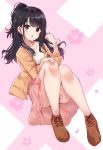  1girl :o ass bangs bare_legs black_eyes black_hair brown_footwear brown_jacket commentary_request convenient_leg floral_background full_body hand_up highres idolmaster idolmaster_shiny_colors jacket kazano_hiori knees_up long_hair long_sleeves looking_at_viewer minikon no_socks one_side_up open_clothes open_jacket parted_lips pink_skirt shirt shoes sidelocks skirt solo white_shirt 