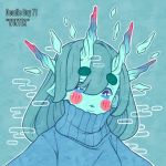  1girl aqua_hair aqua_skin bangs blue_eyes blue_sweater blush english_text eyebrows_visible_through_hair hair_between_eyes hanaan horns long_hair looking_at_viewer no_nose original outline pointy_ears portrait solo sweater turtleneck turtleneck_sweater white_outline winter 