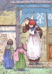 3girls apron awning blue_bow bouquet bow braid brick_wall brown_hair building child commentary_request flower geta grass hair_bow half-timbered highres japanese_clothes misohagi multiple_girls neckerchief open_mouth red_eyes redhead ribbon-trimmed_bow sekibanki shop short_hair tabi tile_roof tiles touhou twin_braids waving white_apron 