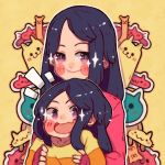  2girls age_difference black_hair blush child family hanaan holding long_hair long_sleeves looking_at_viewer mother_and_daughter multiple_girls open_mouth original outline sleeves_past_wrists smile sparkle upper_body violet_eyes white_outline yellow_background 