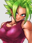  1girl blonde_hair breasts closed_mouth collarbone commentary_request dragon_ball dragon_ball_super earrings fusion grey_background hair_over_one_eye jewelry kefla_(dragon_ball) looking_at_viewer medium_breasts potara_earrings red_shirt shirt smile solo spiky_hair st62svnexilf2p9 super_saiyan tank_top toned upper_body 