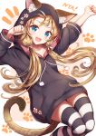  1girl :d animal_ear_fluff animal_ears arm_up bangs black_hoodie blue_eyes brown_hair cat_ears cat_girl cat_tail collarbone commentary_request drawstring ears_through_headwear fang flower hand_up highres hood hoodie long_hair long_sleeves looking_at_viewer low_twintails notice_lines open_mouth original pink_flower sakura_ani smile solo striped striped_legwear tail thigh-highs twintails 