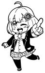  1girl :d ahoge animal_band_legwear bangs bkub blazer blush bow bowtie buttons cat_band_legwear chibi collared_shirt commentary dot_nose eyebrows_visible_through_hair flower full_body greyscale hair_between_eyes hair_flower hair_ornament high_contrast highres honma_himawari jacket medium_hair monochrome nijisanji one_eye_closed open_mouth plaid plaid_skirt pleated_skirt pointing pose school_uniform shirt simple_background skirt smile solo standing standing_on_one_leg sunflower_hair_ornament thigh-highs upper_teeth virtual_youtuber white_background wing_collar 