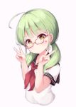  1girl ahoge blush commentary double_v eyebrows_visible_through_hair flat_chest glasses green_hair highres long_hair looking_at_viewer orange_eyes original red-framed_eyewear school_uniform shirt short_sleeves simple_background smile solo star tokenbox twintails upper_body v white_background white_shirt 