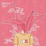  1other english_text faceless hanaan object_head origami original outline paper_crane pink_background portrait print_shirt shirt short_sleeves solo white_outline yellow_shirt 