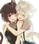 2girls :d ;d ^_^ animal_ears aoba_moca bang_dream! bangs black_hair black_shirt blush bob_cut cat_ears cat_tail cheek-to-cheek chromatic_aberration closed_eyes grey_hair hug kemonomimi_mode mitake_ran mizukikushou multicolored_hair multiple_girls one_eye_closed open_mouth redhead shirt short_hair short_sleeves sleeveless smile streaked_hair suspenders tail upper_body white_background white_shirt