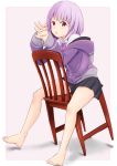 1girl :o absurdres bare_legs barefoot black_skirt breasts chair chobbi commentary_request eyebrows_visible_through_hair grey_background highres hood hooded_jacket jacket long_sleeves looking_at_viewer off_shoulder own_hands_together pink_hair pleated_skirt purple_jacket purple_neckwear purple_ribbon ribbon shinjou_akane shirt short_hair simple_background sitting skirt solo ssss.gridman two-tone_background white_background 