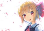  1girl ascot backlighting blonde_hair bow cherry_blossoms hair_bow happy looking_at_viewer looking_to_the_side open_mouth petals red_eyes rody_(hayama_yuu) rumia short_hair simple_background smile solo touhou 