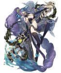  1girl absurdly_long_hair anklet anti-materiel_rifle aqua_eyes bracelet braid breasts dancer elbow_gloves fins full_body gloves gold_trim gun huge_weapon jewelry ji_no large_breasts long_hair looking_at_viewer navel ningyo_hime_(sinoalice) official_art pelvic_curtain ponytail revealing_clothes rifle see-through sinoalice sniper_rifle solo thigh-highs transparent_background veil very_long_hair violet_eyes water weapon 