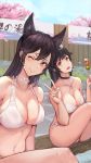  2girls ;) alternate_costume animal_ears arm_at_side atago_(azur_lane) atago_(midsummer_march)_(azur_lane) azur_lane bangs bikini black_choker black_hair blue_sky blunt_bangs blush bow bow_bikini breasts brown_eyes cherry_blossoms choker cleavage closed_mouth clouds cloudy_sky commentary_request criss-cross_halter dango day extra_ears eyebrows_visible_through_hair eyelashes flower food groin hair_bow hair_flower hair_ornament hair_ribbon halter_top halterneck head_tilt highres holding holding_food lace lace_choker large_breasts legs_crossed long_hair looking_at_viewer mole mole_under_eye multiple_girls navel one_eye_closed onsen outdoors outstretched_arm partially_submerged petals ponytail reaching_out ribbon self_shot sidelocks sitting skewer sky smile soaking_feet swept_bangs swimsuit takao_(azur_lane) takao_(beach_rhapsody)_(azur_lane) taking_picture thighs tree very_long_hair wagashi water white_bikini white_bow white_choker white_ribbon white_swimsuit wuguno_ziran_juan yellow_eyes 