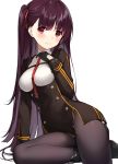  1girl arm_support bangs between_breasts black_footwear black_gloves black_legwear breasts buttons closed_mouth collared_shirt double-breasted gin00 girls_frontline gloves hair_ribbon hand_up highres long_hair long_sleeves looking_at_viewer medium_breasts military military_uniform one_side_up pantyhose purple_hair red_eyes red_neckwear red_ribbon ribbon shirt shoes simple_background sitting solo uniform very_long_hair wa2000_(girls_frontline) white_background yokozuwari 