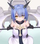  1girl asamura_hiori azur_lane bangs bare_shoulders blue_hair blush breasts choker closed_mouth collarbone crossed_legs dress eyebrows_visible_through_hair eyelashes eyes_visible_through_hair fleur_de_lis floating_headgear from_above gascogne_(azur_lane) gauntlets greaves headgear holding holding_weapon large_breasts legs_crossed looking_at_viewer revision short_hair solo standing strapless strapless_dress watson_cross weapon white_dress yellow_eyes 