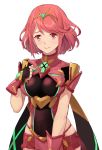  1girl absurdres artist_request bangs breasts covered_navel earrings fingerless_gloves gem gloves headpiece highres pyra_(xenoblade) jewelry large_breasts nintendo red_eyes redhead short_hair shoulder_armor smile solo swept_bangs tiara xenoblade_(series) xenoblade_2 