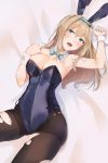  1girl absurdres alternate_costume animal_ears arm_up bangs bare_arms bare_shoulders bed_sheet black_legwear blonde_hair blue_eyes blue_hairband blue_leotard blue_neckwear blue_ribbon breasts bunnysuit cleavage commentary_request detached_collar eyebrows_visible_through_hair fake_animal_ears girls_frontline gluteal_fold hair_ornament hairband hairclip head_tilt highres large_breasts leotard long_hair looking_at_viewer lv.p lying neck_ribbon on_back pantyhose rabbit_ears ribbon side-tie_leotard solo strapless strapless_leotard suomi_kp31_(girls_frontline) torn_clothes torn_legwear wrist_cuffs 