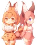  2girls animal_ear_fluff animal_ears arms_at_sides bare_shoulders belt black_belt blonde_hair blush bow bowtie breast_pocket breasts caracal_(kemono_friends) caracal_ears caracal_tail commentary elbow_gloves extra_ears frills gloves high-waist_skirt intertwined_tails kemono_friends large_ears matsuu_(akiomoi) multiple_girls open_mouth pocket print_legwear print_neckwear print_skirt red_neckwear redhead serval_(kemono_friends) serval_ears serval_print serval_tail shirt short_hair sideboob simple_background skirt sleeveless sleeveless_shirt standing tail tareme thigh-highs white_belt yellow_eyes yellow_neckwear younger zettai_ryouiki 
