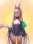  1girl animal_ears ass_visible_through_thighs azur_lane bangs bare_shoulders blush bow_(bhp) breasts brown_eyes cowboy_shot eyebrows_visible_through_hair hairband lifted_by_another long_hair long_sleeves looking_at_viewer one-piece_tan rabbit_ears shimakaze_(azur_lane) simple_background skirt skirt_lift small_breasts solo_focus standing tan tanline thick_eyebrows white_hair 