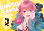  1boy amemura_ramuda bangs blue_eyes blush candy character_name food hypnosis_mic lollipop looking_at_viewer male_focus nat_(kitsuna_15) open_mouth pink_hair ribbon sidelocks smile solo 