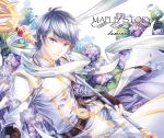  1boy arm_guards belt black_gloves black_hair blue_eyes buckle character_name copyright_name earrings fingerless_gloves floral_background flower gem gloves heterochromia holding holding_staff hydrangea jewelry looking_at_viewer luminous_(maplestory) male_focus maplestory necklace pants parted_lips pendant petals purple_flower red_eyes scarf silverbin smile snowflakes solo staff tassel white_coat white_pants white_scarf 