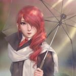  1girl bangs blurry blurry_background close-up closed_mouth coat drill_hair hair_over_one_eye highres kirijou_mitsuru lips long_hair looking_at_viewer miura-n315 persona persona_3 red_eyes redhead scarf solo swept_bangs umbrella upper_body 