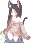  1girl absurdres afterimage animal_ear_fluff animal_ears ass_visible_through_thighs bangs bare_shoulders black_hair blush breasts brown_eyes brown_hair brown_sweater cat_ears cat_girl cat_tail closed_mouth commentary_request cushion daidai_ookami eyebrows_visible_through_hair full_body highres long_hair long_sleeves multicolored_hair naked_sweater original ribbed_sweater simple_background sleeves_past_fingers sleeves_past_wrists small_breasts solo sweater tail tail_raised two-tone_hair v-shaped_eyebrows very_long_hair white_background zabuton 