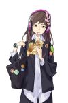  1girl alternate_costume bag black_shirt brown_eyes brown_hair bunny_hair_ornament buttons clock commentary_request d.va_(overwatch) digital_clock earrings food food_on_face hair_ornament handbag headphones highres holding holding_food jewelry long_hair long_sleeves looking_at_viewer overwatch popman3580 sandwich shirt siblings solo stain watch watch white_background 