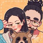 +_+ 1boy 1girl :p artist_name black_hair blush dog facial_hair glasses hanaan hand_up long_hair long_sleeves one_eye_closed original outline ponytail portrait shirt tongue tongue_out v white_outline yellow_background yellow_eyes yellow_shirt 