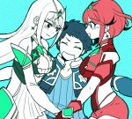  1boy 2girls armor bangs bare_shoulders blush breasts cleavage cleavage_cutout covered_navel dress earrings elbow_gloves fingerless_gloves gem gloves group_hug hair_ornament headpiece mythra_(xenoblade) pyra_(xenoblade) hug jewelry large_breasts long_hair mimiw multiple_girls nintendo red_shorts redhead rex_(xenoblade_2) shirt short_hair short_shorts shorts shoulder_armor swept_bangs tiara very_long_hair white_dress xenoblade_(series) xenoblade_2 