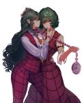 2girls absurdres ascot bangs belt black_belt blush chains chin_grab clock collared_shirt commentary_request cowboy_shot dual_persona female grabbing green_eyes green_hair green_nails hair_between_eyes hair_grab hand_up highres kazami_yuuka kazami_yuuka_(pc-98) kikimifukuri leash lips long_hair long_skirt long_sleeves looking_at_viewer looking_to_the_side multiple_girls nail_polish neck necktie pants parted_lips plaid plaid_pants plaid_skirt plaid_vest profile red_eyes red_pants red_skirt red_vest selfcest shiny shiny_hair shirt short_hair sidelocks simple_background skirt skirt_set slave smile standing thighs touhou touhou_(pc-98) very_long_hair vest white_background white_shirt yellow_neckwear yuri