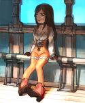  1girl black_hair bodysuit breasts brown_eyes choker cleavage commentary_request corset final_fantasy final_fantasy_ix garnet_til_alexandros_xvii gloves groin jewelry latex long_hair necklace orange_bodysuit sasumata_jirou solo 