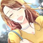  1girl :d blurry blurry_background blush brown_hair closed_eyes day earrings facing_viewer hand_up jewelry long_hair necklace office_lady open_mouth original outdoors pearl_necklace ring shirt smile upper_body yellow_shirt 